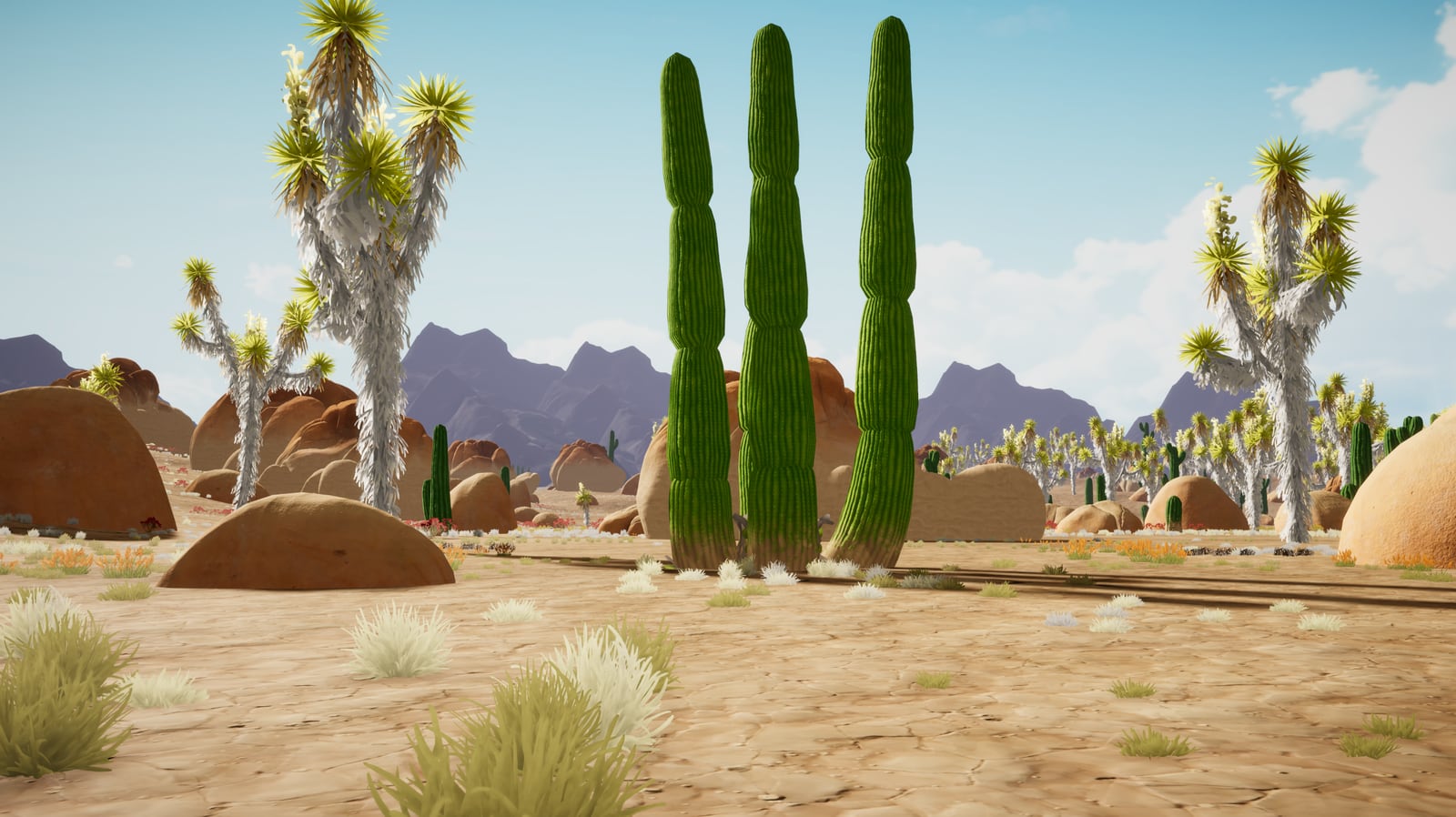 A bright desert biome with cactus clusters and distant mountains in Where Giants Fall.