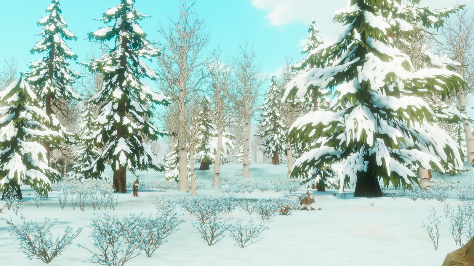 A quiet snowy forest biome with pale trees and frosted ground in Where Giants Fall.