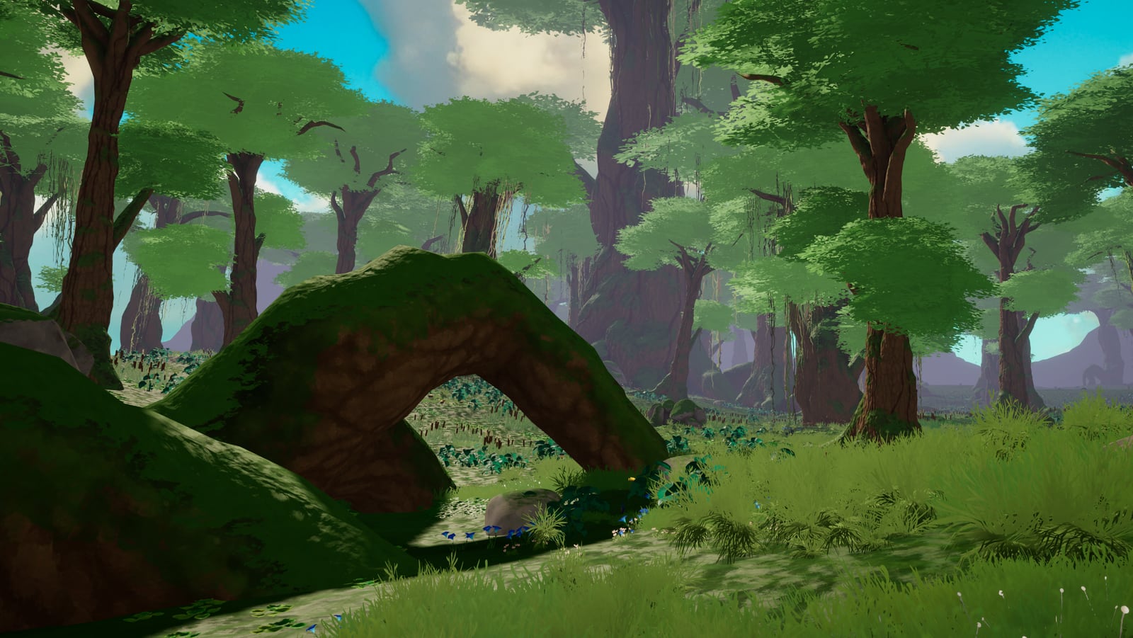 A murky swamp biome with shallow water, twisted trees, and dense wetland growth in Where Giants Fall.