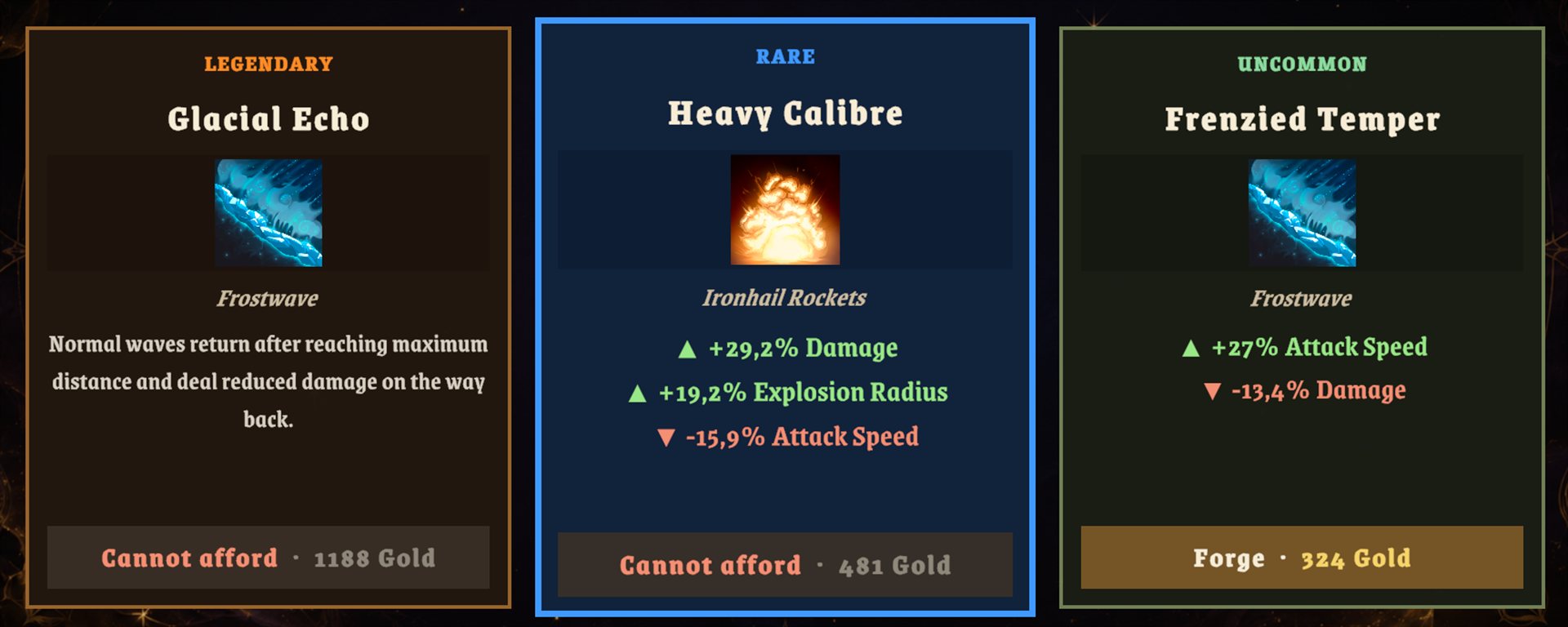 Three Giantforge offer cards side by side: a Legendary Glacial Echo for Frostwave, a Rare Heavy Calibre for Ironhail Rockets, and an Uncommon Frenzied Temper for Frostwave, each showing the exact percentages it rolled and its gold price, in Where Giants Fall v0.63.