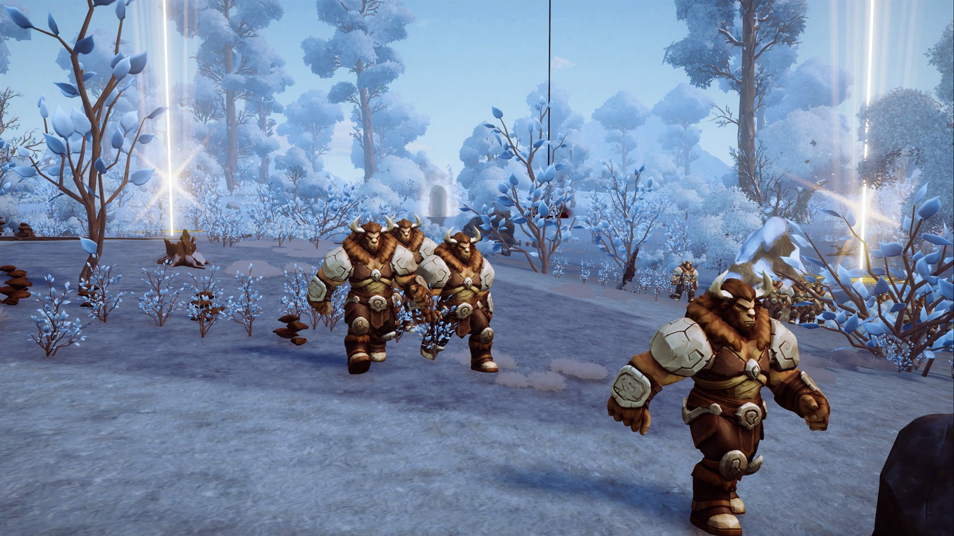 Minotaur enemies advancing across a snowy rise in Silverpine Forest, with pale blue frosted trees and shafts of light, in Where Giants Fall v0.63.