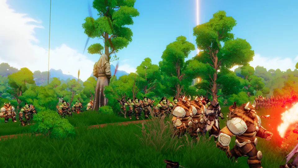 A formation of horned, armored enemies advances through a green forest beneath a blue sky, with no combat interface shown.