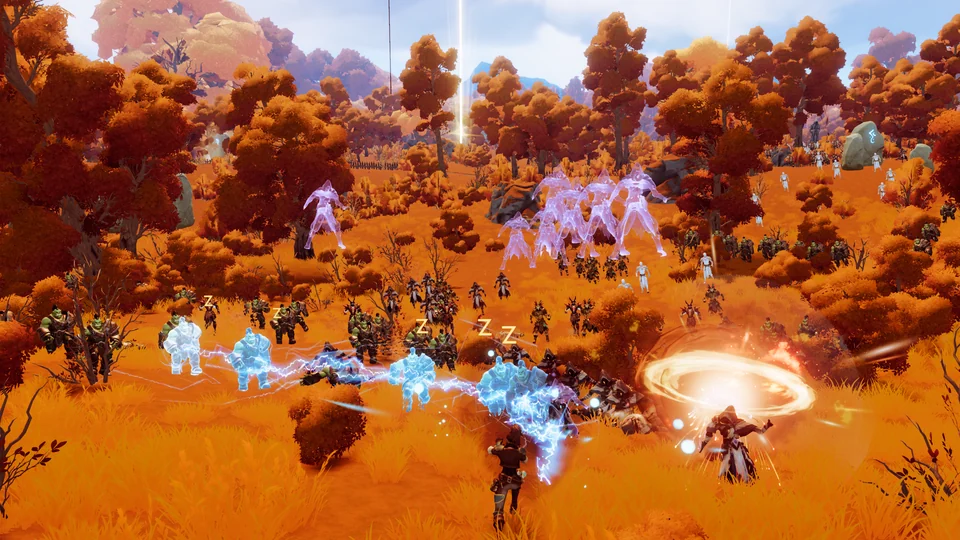 Spectral figures and armored enemies fill an autumn woodland as the player attacks with blue lightning and a glowing golden ring.
