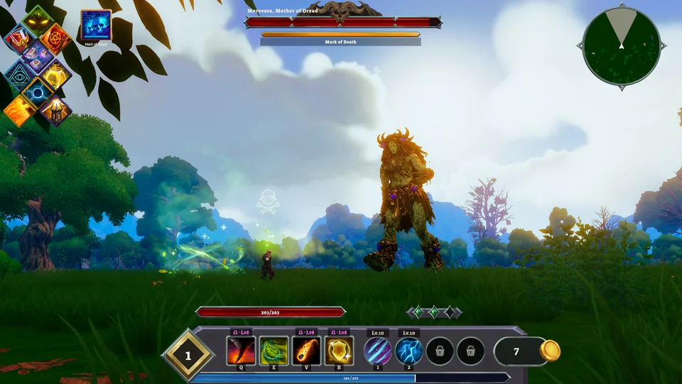 A huge tree-like giant towers above the player in a green meadow, with a boss health bar and the player interface visible.