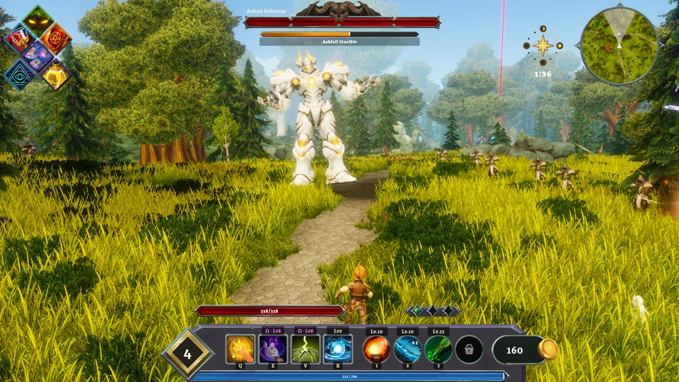 A white-and-gold giant advances along a woodland path toward the player, with its health bar and the player interface visible.