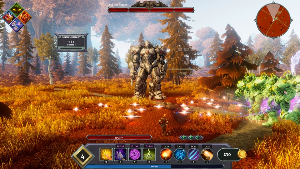 A stone giant and a green giant approach the player through golden grass and glowing projectiles, with health bars and the combat interface visible.
