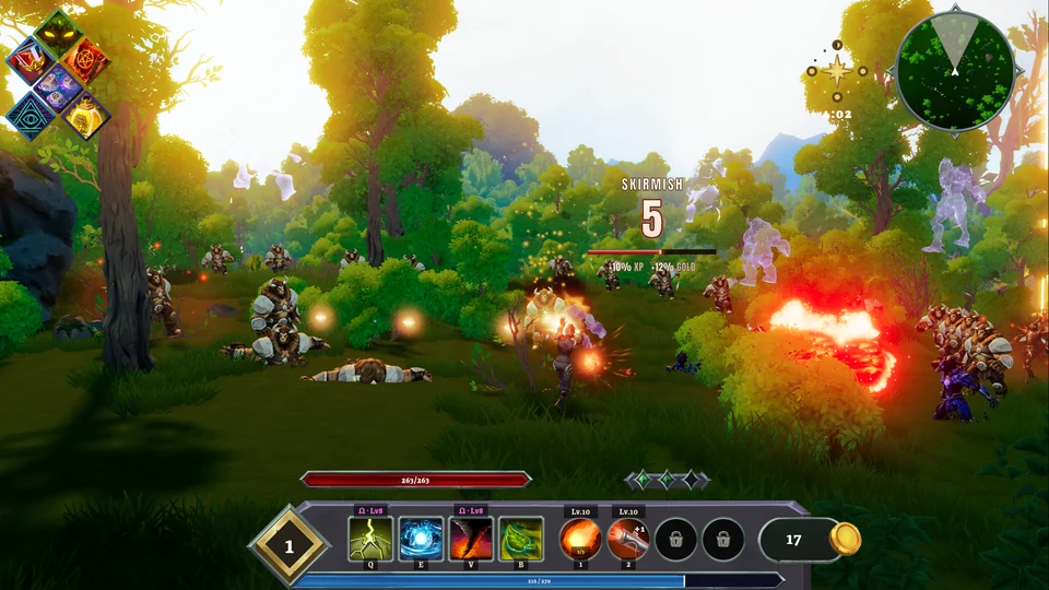 The player fires into approaching enemies beneath sunlit green trees, with a bright red fireball and the combat interface visible.