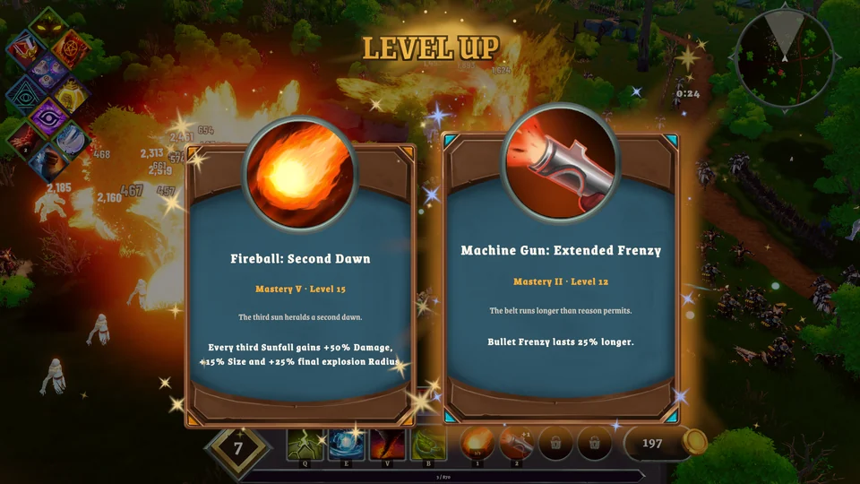 A Level Up screen offers Fireball: Second Dawn and Machine Gun: Extended Frenzy cards over a forest battle.