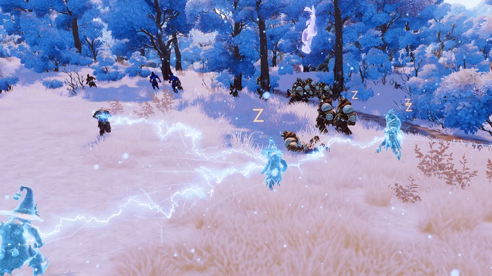 Branching blue lightning strikes enemies across a snowy clearing surrounded by frost-covered trees, with spectral figures among the targets.
