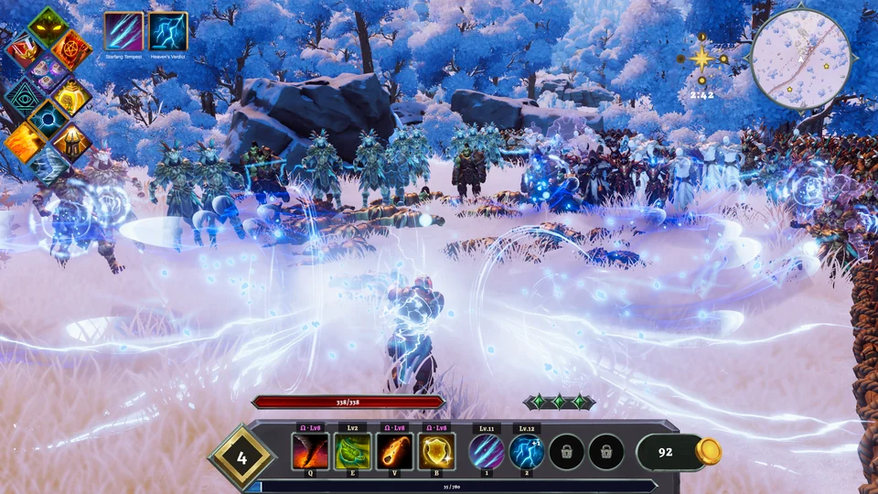 The player faces a dense snowy-forest horde amid blue lightning and spectral figures, with the combat interface visible.