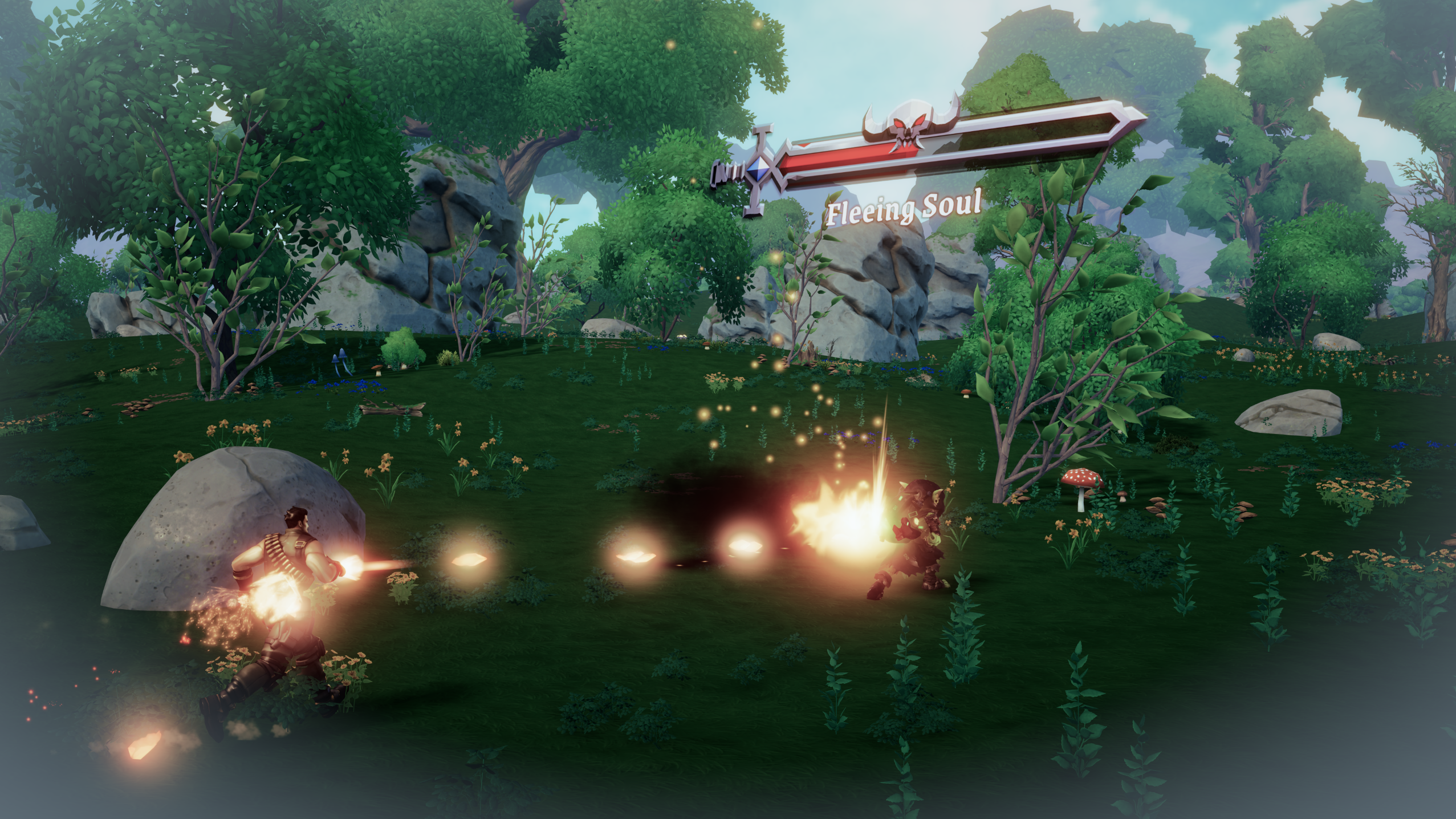 Butch chasing the fleeing soul trial target across the forest