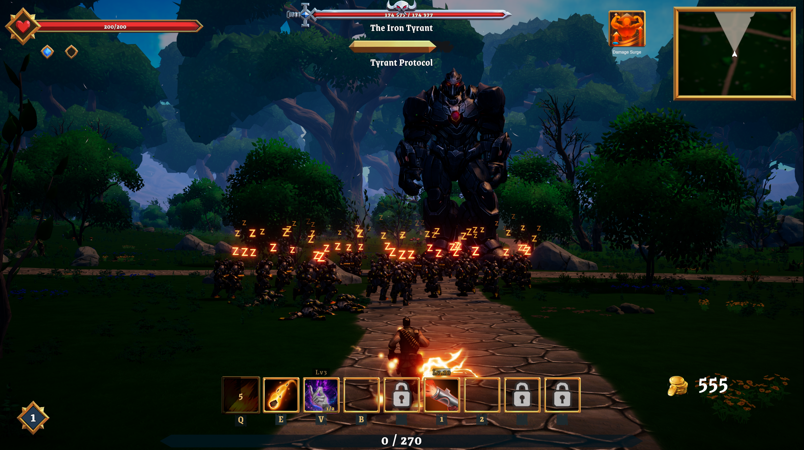 Butch facing The Iron Tyrant while controlling a horde at its feet