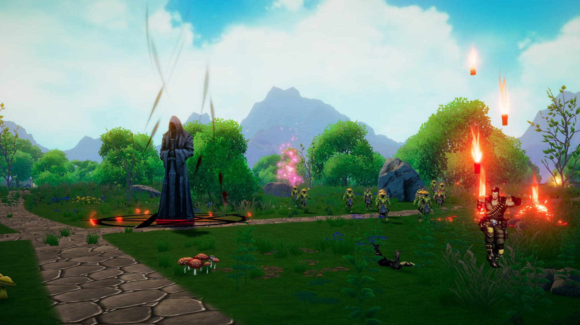 Hero fighting through the summer forest biome