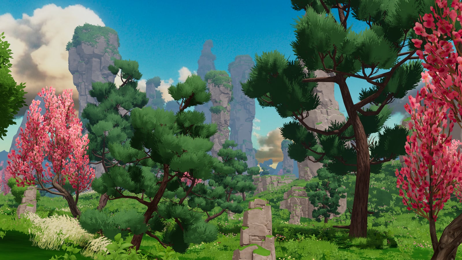 A bright mountain forest biome with flowering trees and stone pillars in Where Giants Fall