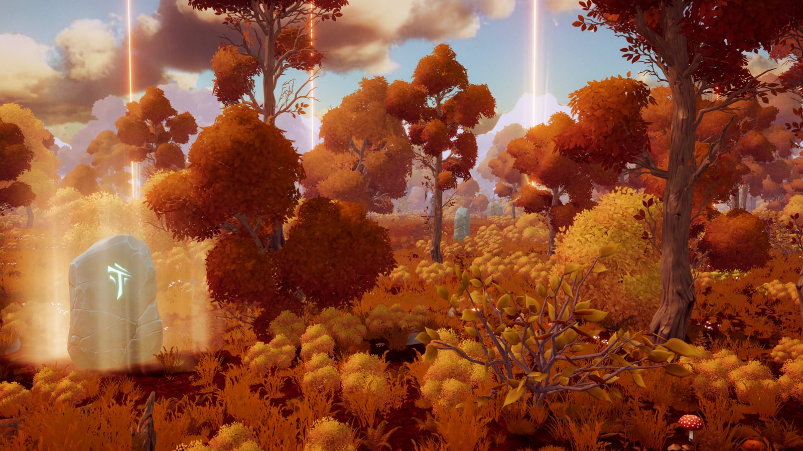 An autumn Ritual Stage scene with a glowing ritual stone and beams of light in Where Giants Fall