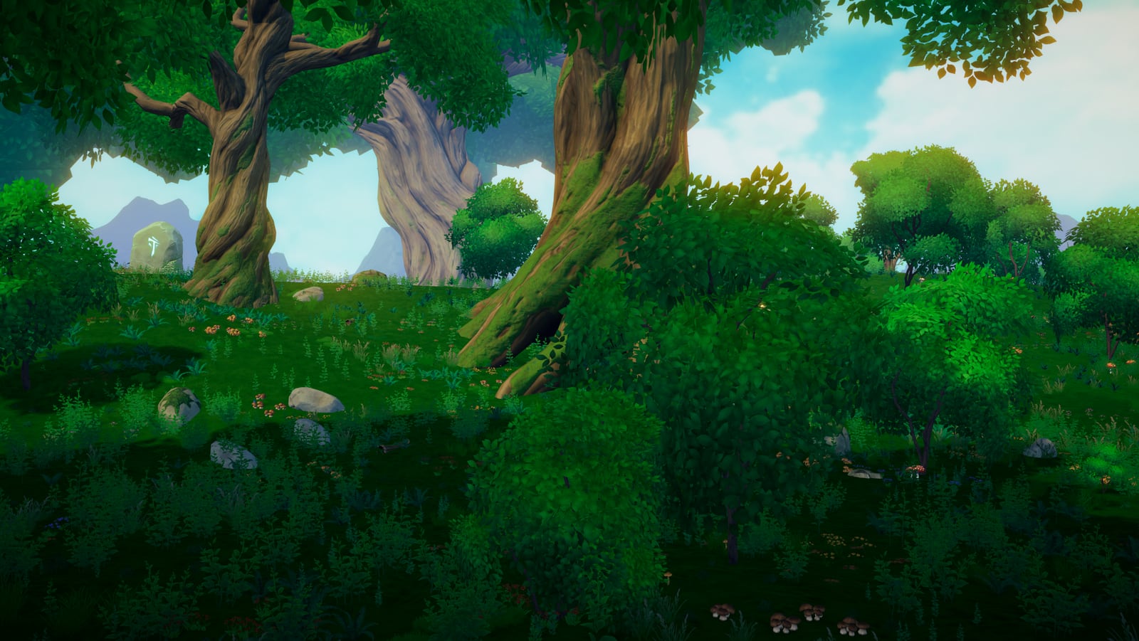 A dense green summer forest floor with flowers and mushrooms in Where Giants Fall