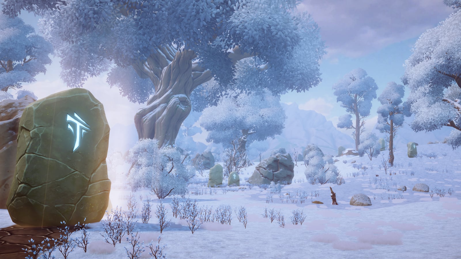 A snowy winter forest biome with frosted trees in Where Giants Fall