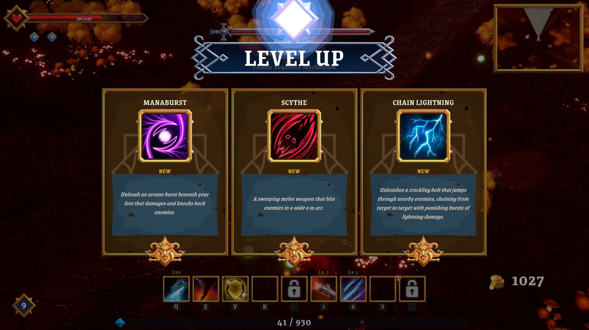 Level-up weapon choice screen with multiple upgrade options