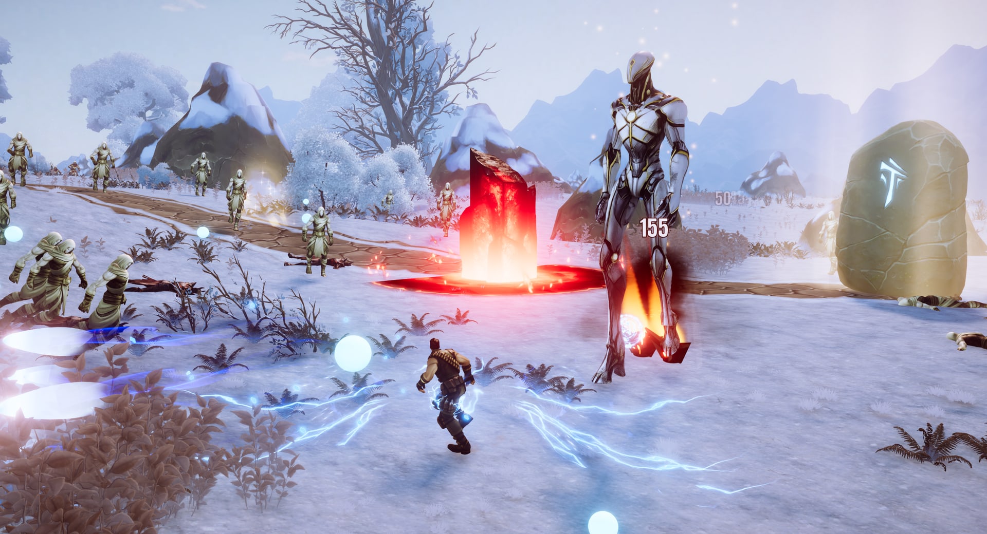 A winter biome miniboss forcing a dodge-heavy moment